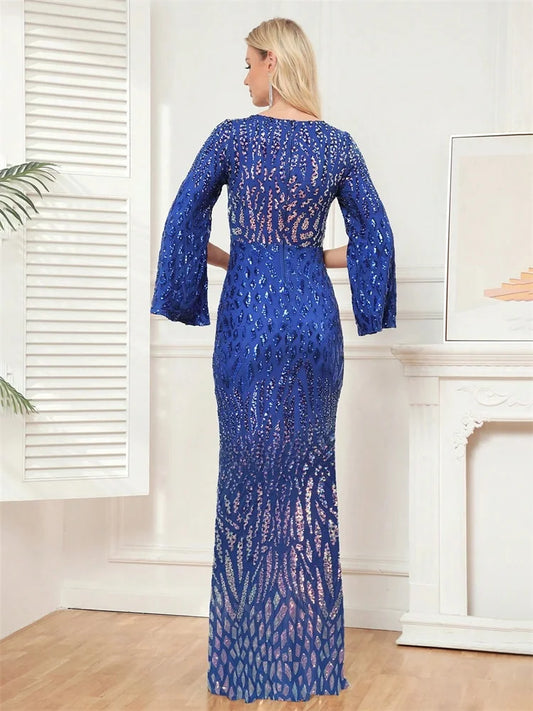 Luxury Blue Slit Long Sleeve Evening Dresses Women elegant 2025 Mermaid Formal Sequins Prom Wedding Party Cocktail Gowns