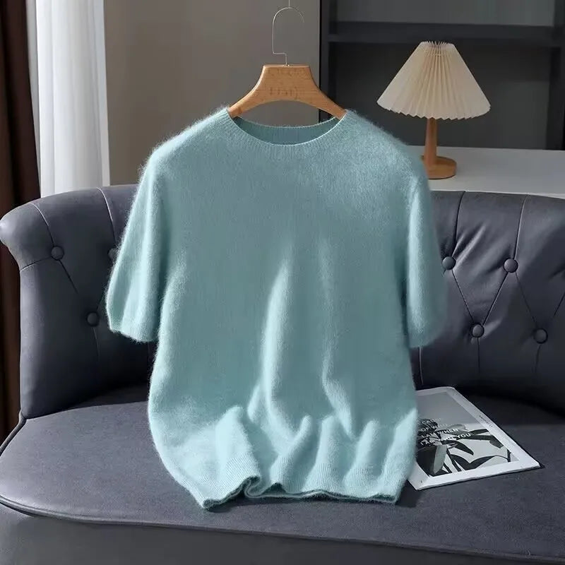 Men's Sweater Pullover Short Sleeved Summer Mink Knit Sweater Loose Round Neck Solid Color Half Sleeved Simple T-Shirt Casualtop