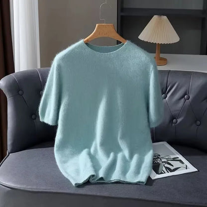 Men's Sweater Pullover Short Sleeved Summer Mink Knit Sweater Loose Round Neck Solid Color Half Sleeved Simple T-Shirt Casualtop