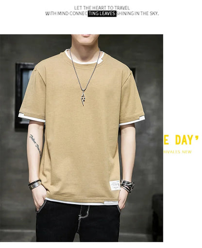 Classic Fake Two Short Sleeved Men's Pure Cotton T-shirt, Men's Summer Men's Interior Matching Trendy Brand T-shirt