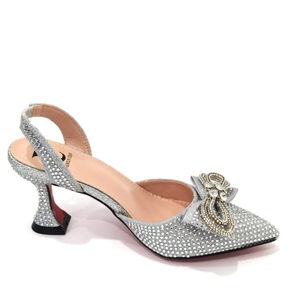 Rhinestone Bow Side Empty Party High Heels Pointed Toe Stiletto Heels Silver Women's Shoes And Bags
