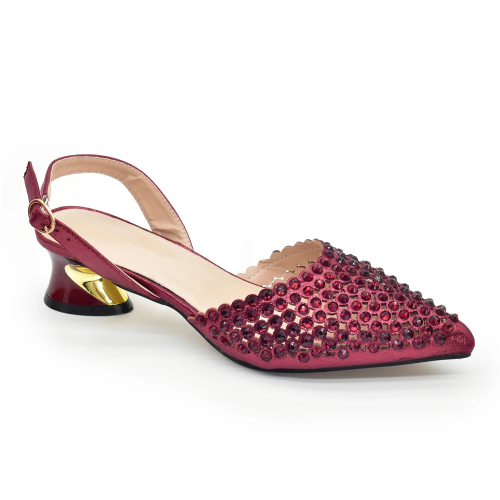 Fashion Italian Shoes with Matching Bags Set with Rhinestone African Shoes for Women Mid Heels Party Pumps Plus Size Heels 43