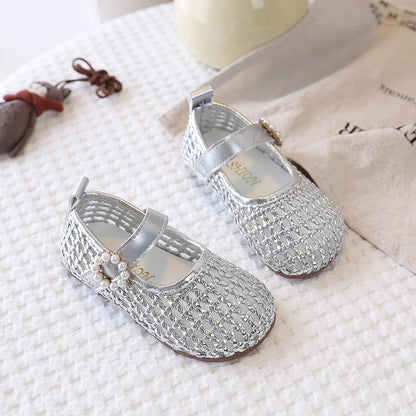 Spring Girl's Sandals Braided Pearl Hook-loop Chic Kid's Flat Shoe Solid Colors Anti-slip Casual Versatile Children Shoes 4-6Y
