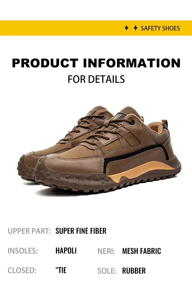 New Safety Men Work Sneakers Anti-smash Indestructible Shoes Steel Toe Protective Boots Anti-puncture Brown Work Safety Shoes