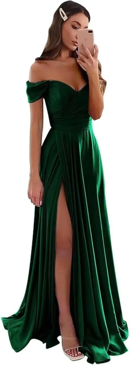 Women's Satin Prom Dresses Long Slit Formal Dresses Off Shoulder Evening Wedding Party Gowns Ruched Sweetheart Lace up Back