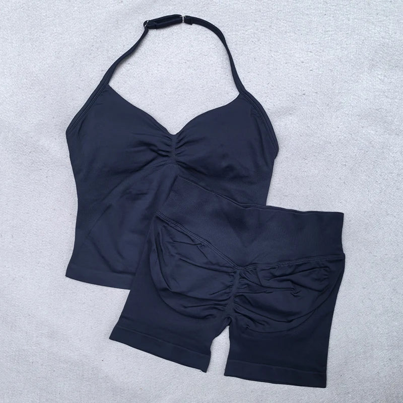New Seamless Yoga Set Women 2Pcs Padded Halter Tank Top Scrunch Butt Lifting Gym Shorts Set Summer Sportswear Workout Clothes