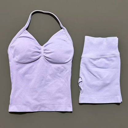 2 Piece Sports Set Women Seamless Yoga Tank With Removable Pads Top Scrunch Butt Workout Leggings Suit Gym Sports Sets