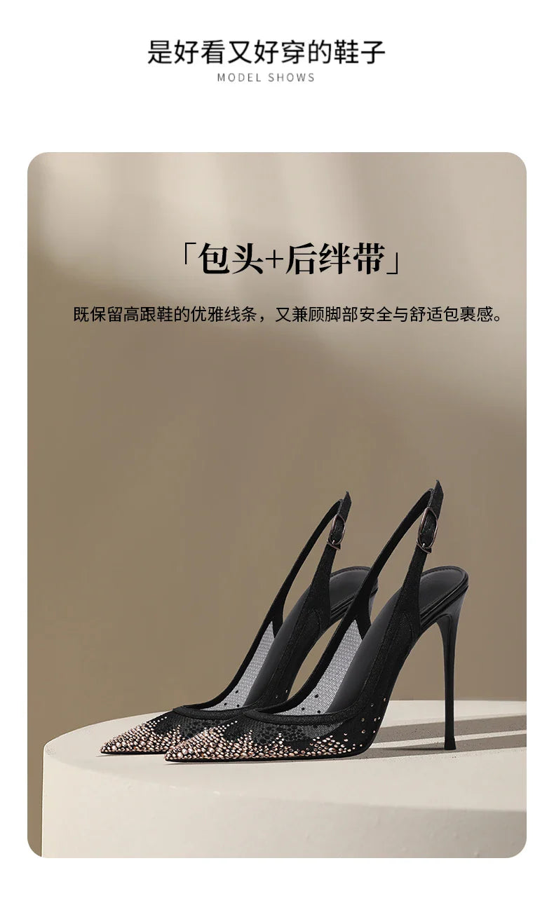 New summer black mesh rhinestone high heels for women, slim heels, shallow toe, sexy sandals with a single buckle strap