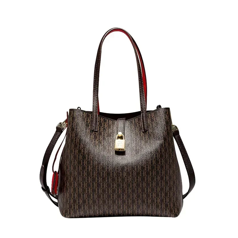 Exquisite Monogram Tote Bag Padlock Accent Quality Shoulder Straps Fine Stitching Spacious Daily Commute Travel Essential