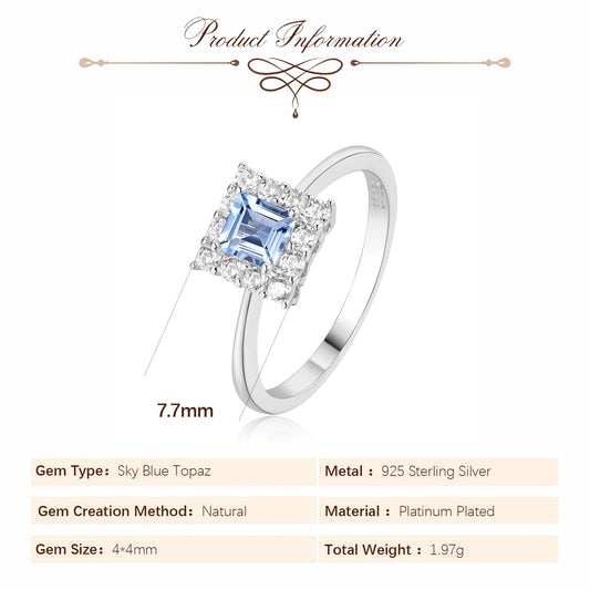 Square Natural Sky Blue Topaz 925 Sterling Silver Luxury Ring for Woman Daily Gemstone Fine Jewelry Birthday Gift