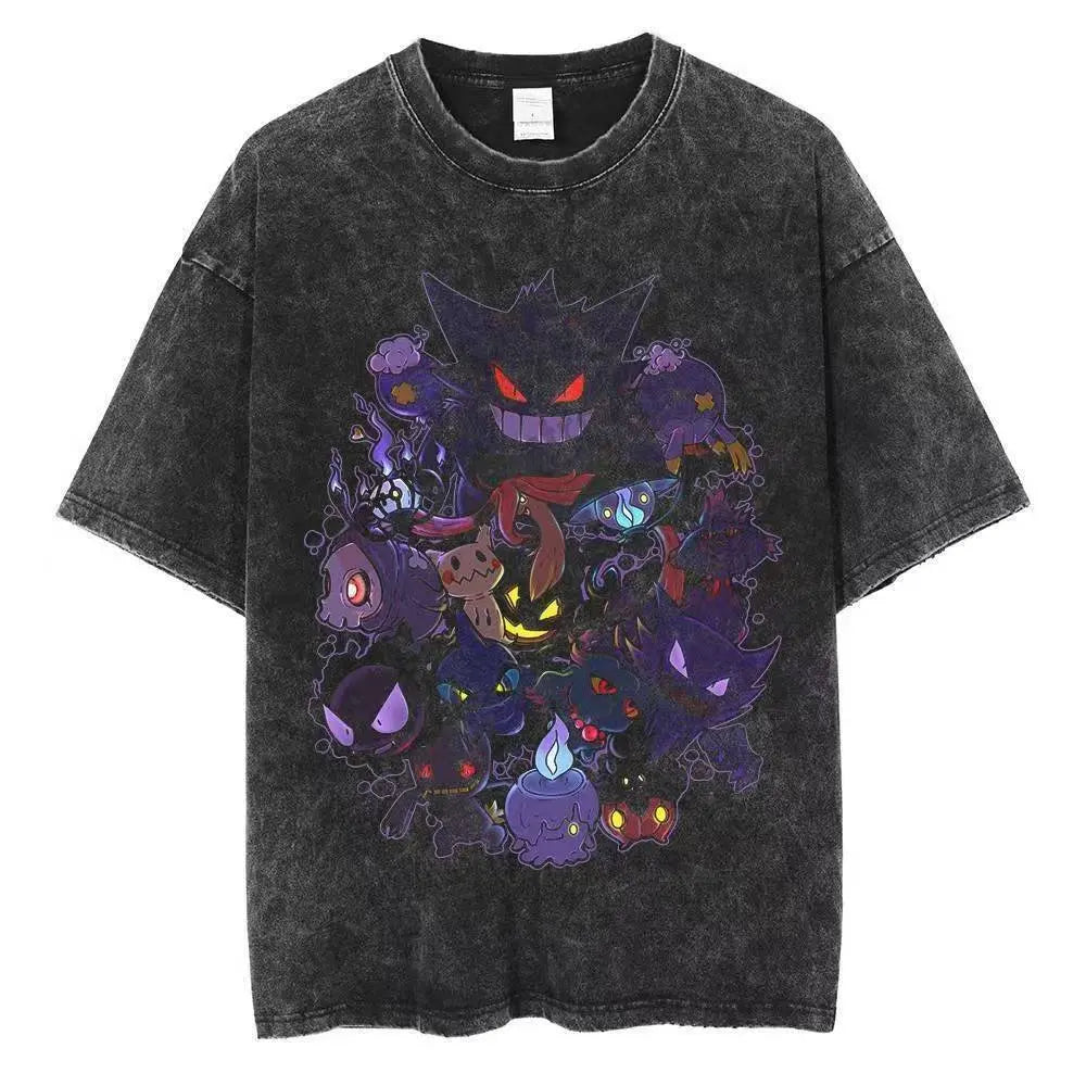 2026 Anime Washed Vintage Summer Gengar Short Sleeve Tee Graphic T-Shirt Man Women Cosplay Casual Tops Y2k Streetwear