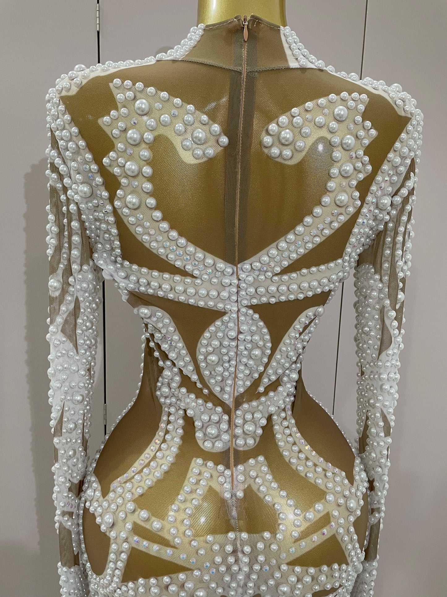 2025 New High-end Elegant Evening Gown AB Rhinestones Pearls Luxury Long Sleeves Mesh Dress Women Cocktail party Wedding Costume