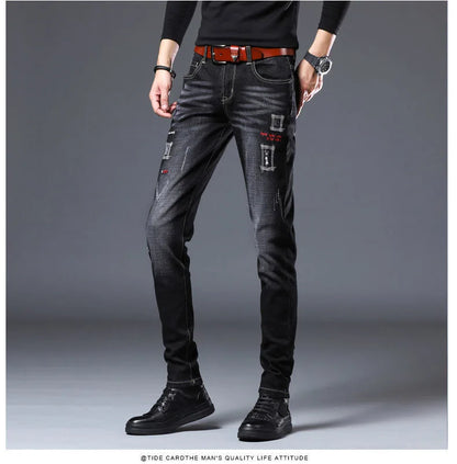 2023 Spring and Autumn New Fashion Trend Ripped Denim Pants Men's Casual Slim Comfortable Breathable High Quality Stretch Pants