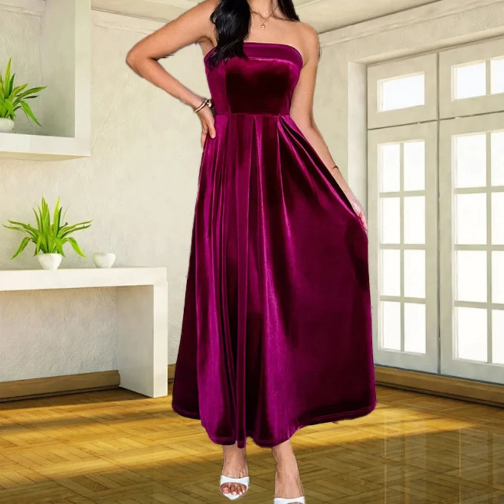 Women's Elegant Party Dresses Strapless Backless Velvet Long Dress Fashion Retro Dress Female Evening Dresses Vestidos Largos