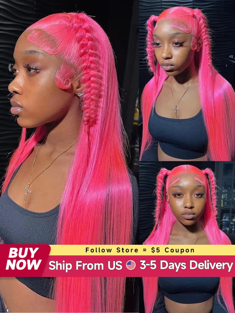30 36 inch Hot Pink Transparent Lace Front Wig Human Hair 13x6 Lace Frontal Wigs For Women Long Straight Colored Human Hair Wigs