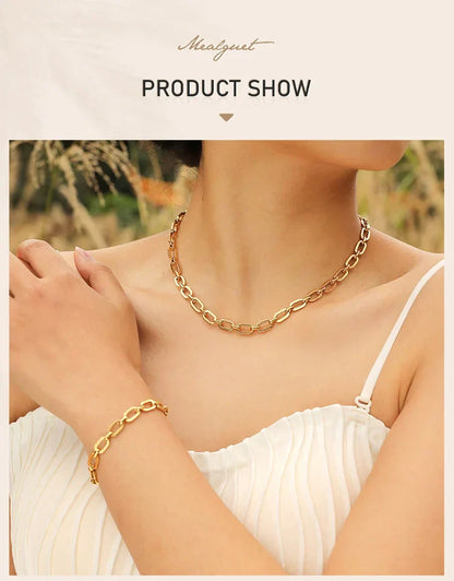 Chunky Gold Plated Link Necklace For Women, Stainless Steel Oval Thick Chain Choker Minimalist Jewelry