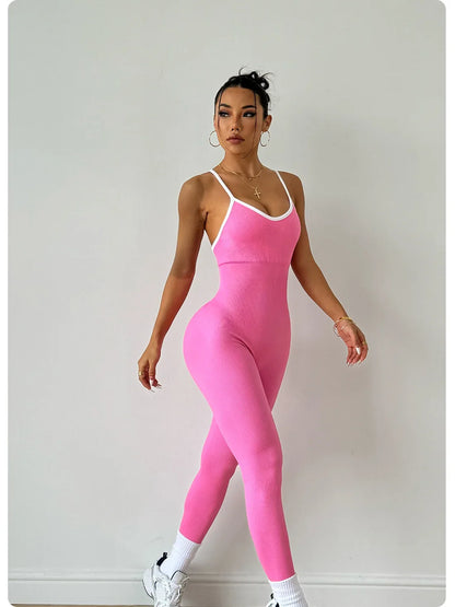 Seamless Yoga Jumpsuit Women Gym Set Spaghetti Strap Leisure Workout Gym Leggings Padded Bra One-piece Fitness Bodysuits