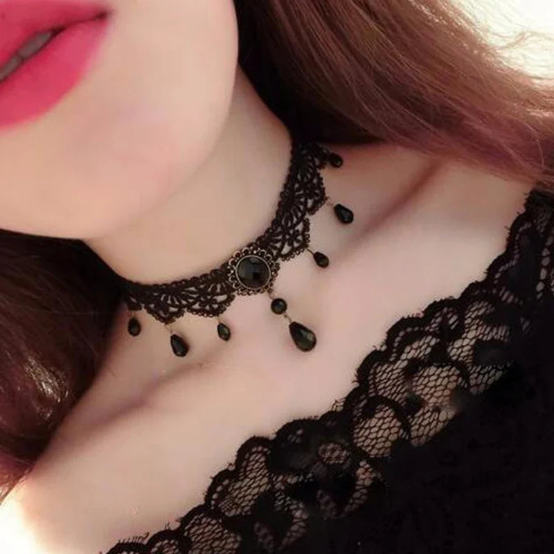 New Sexy Gothic Chokers Crystal Black Lace Neck Choker Necklace Vintage Victorian Women Chocker Steampunk Jewelry