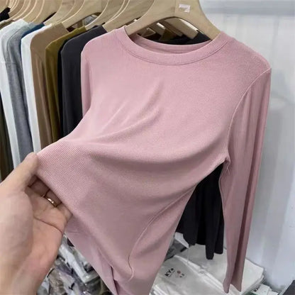 Outono Escritório Senhora Básica Gola Redonda Slim T-Shirt Feminina Cor Sólida Multicor Tendência Versátil Casual Top Manga Longa Elástico Canelado