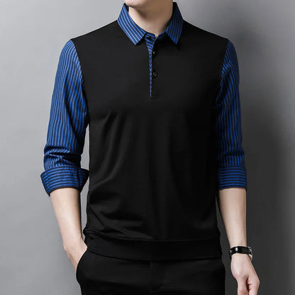 New Men's Casual and Fashionable Long Sleeved POLO Shirt with Contrasting Print Anti Wrinkle Top