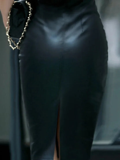 Front and back double-sided summer new leather skirt, hip hugging slim fit middle skirt, split leather skirt, half body skirt