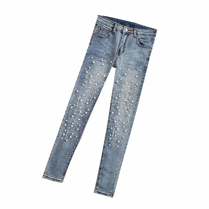 Nailed Bead Jeans Women Spring/Summer New Versatile Hole Breaking Elastic Skinny Pencil Pants Female Casual Denim Pants