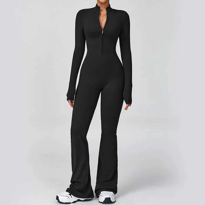 VITALINOVO Women Long Sleeve Flare Workout Jumpsuit Zip Up Romper Bottom Pants Wide Leg Full Length Bodysuit Bodycon One Piece