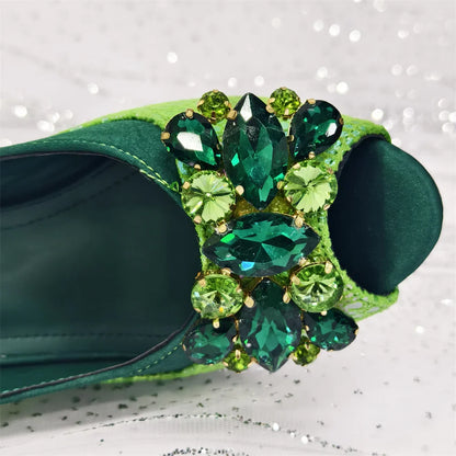 Elegant Green Peep-Toe Women Heel Pumps for Italian Matching Party Shoes and Bags Set for Parties with Diamond Accents