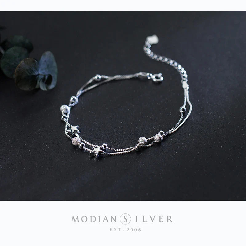 New 925 Sterling Silver Beads Ball Stars Double Layer Bracelet For Women Charm Bracelet Engagement Original Fine Jewelry