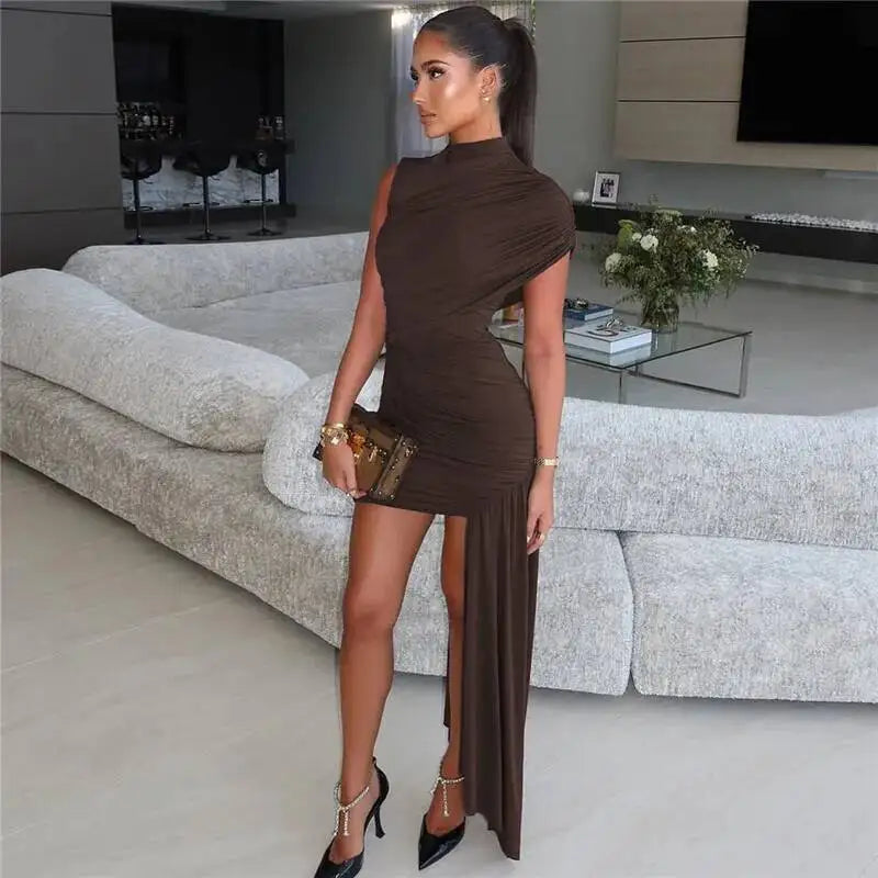 Summer Draped Ruched Sexy Mini Dress Women 2025 New Irregular High Waist Slim Fit Dress Female Elegant Club Tank Dress