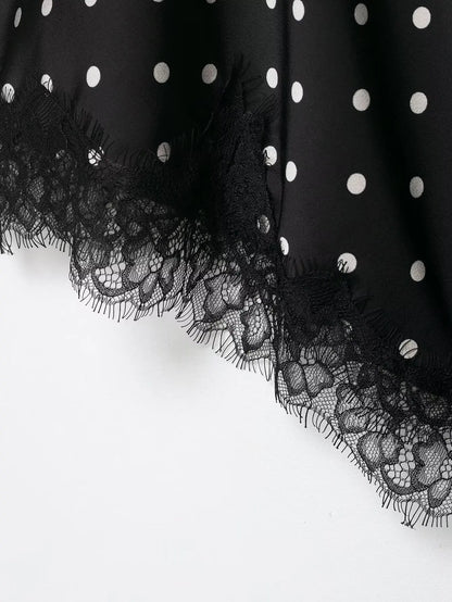 Women Elegant Polka Dot Lace Slip Tops Asymmetrical Hem Tanks Camis Summer Lady Sexy Lace Splicing Club Party Tops Camisole