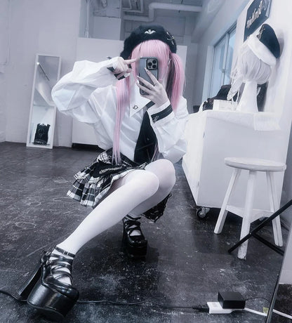 Japanese Harajuku Punk College Style Plaid Cake Ultra Short Skirt Subculture Y2k Girl Autumn High Waist Mini Skirt with Waistbag