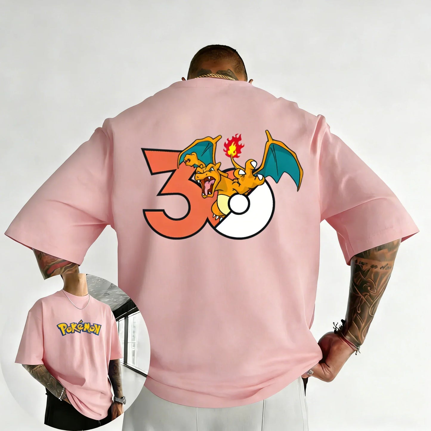30th Anniversary Charizard Printed T-shirt Summer Men's and Women's Loose Casual Hip Hop Trendy Short Sleeve Top