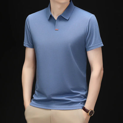 High quality brand solid color V-neck short sleeve polo shirt men summer fashion simple casual ice silk breathable lapel T-shirt