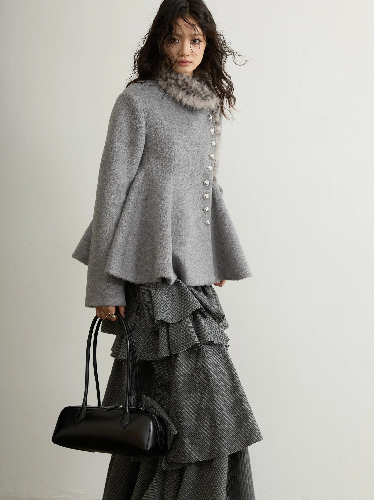 Spring Autumn Grey Striped Ruffled Asymmetrical Tiered Skirt Women Long Elegant Chic Luxury Designer Clothes Fashion