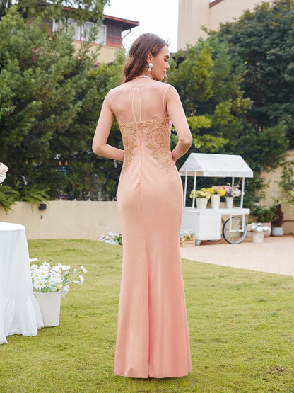 Burgundy Evening Dress Illusion O-Neck Sequins Appliques Sleeveless Mermaid Prom Dress Slim Empire Party Trumpet Gown