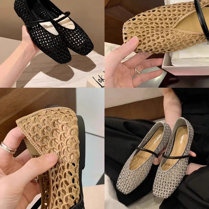 2025 zapatos de Ballet de malla hueca para mujer, sandalias transpirables Mary Jane con cabeza cuadrada, calzado con correa