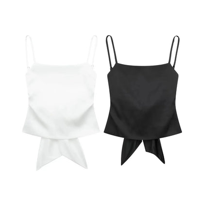 Women Summer Back Bow Solid Satin Backless Sling Crop Top Chic Female Sexy Clothing Streetwear Camis Mujer 2024 Fashion