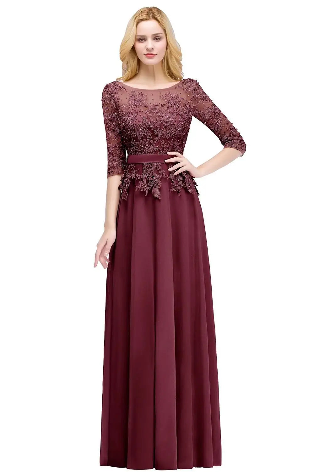 2024 Dusty Rose Evening Dresses Chiffon Appliques 3/4 Sleeves Banquet Formal Party Prom Gowns Maxi Robe De Soiree