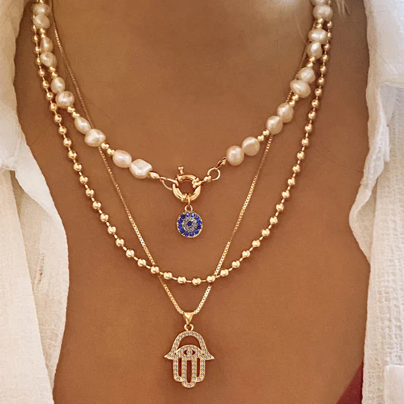 Classic Pendant Necklace for Women Micro Zircon Turkish Lucky Evil Eyes Palm Cross Pearl Multilayer Metal Chain Choker Jewelry