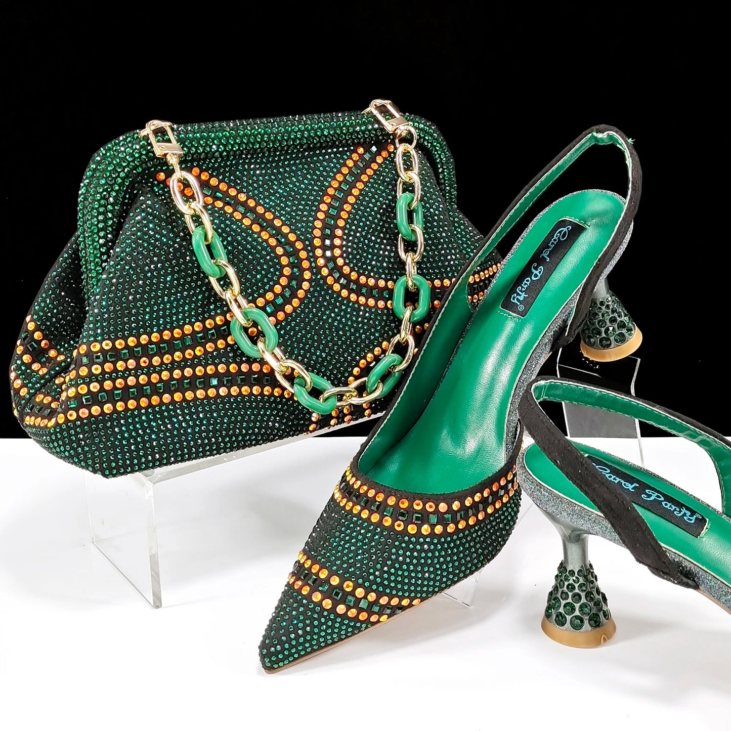 Italian Pumps and Bag To Party 2024 INS Style Pointed-Toe Rhinestone Elegant High Heels Champagne Wedge for Women