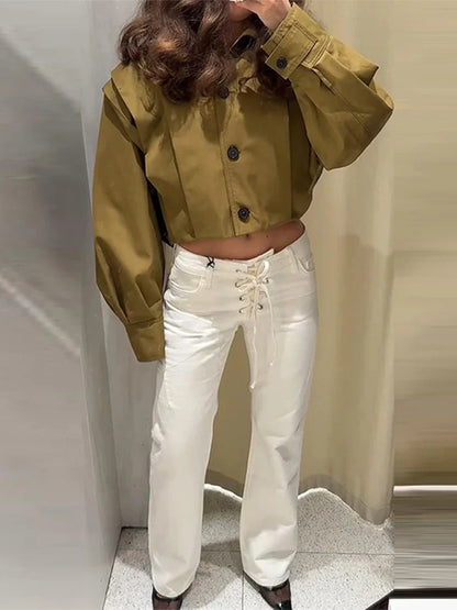 Women Loose White Lace Up Pockets Low Waist Straight Long Pants
