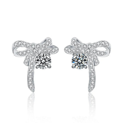 Ribbon Bowknot Tie Moissanite Stud Earrings 925 Sterling Silver 1CT Square Lab Diamond Fine Jewelry For Women Girl Birthday Gift