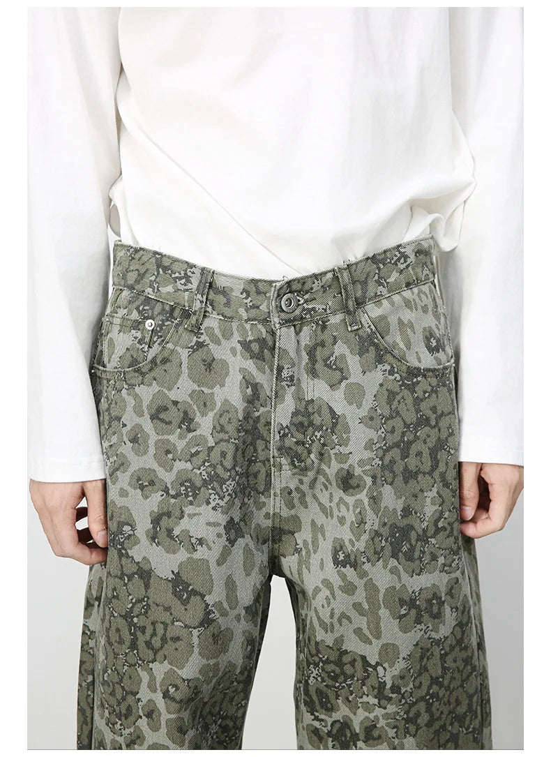 Tide Camouflage Jeans Men's Ins Loose Straight Wide Leg Casual Denim Pants Loose Male Trousers 12C2036