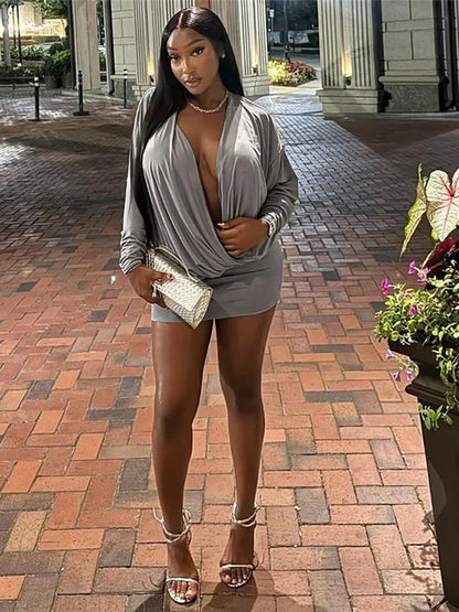 Cross Deep V-Neck Dress Women Full Sleeve Stretch Solid Midnight Street Clubwear Party Autumn Trend Elegant Mini Bodycon