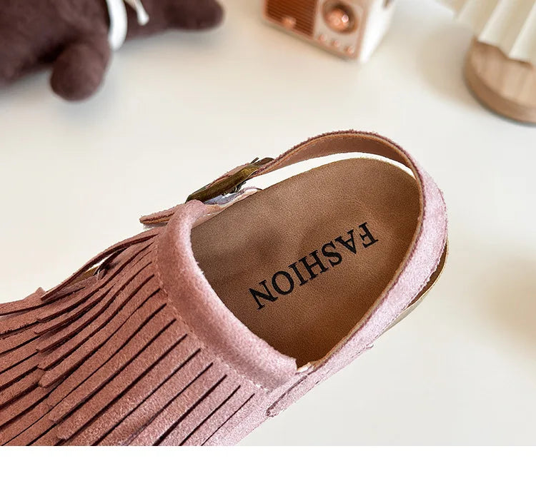Summer Peep Toe Tassel Children Shoes Girls Sandals Soft Bottom Flat Heel Buckle Girl's Shoes Back Strape Slingbacks Shoe I05285