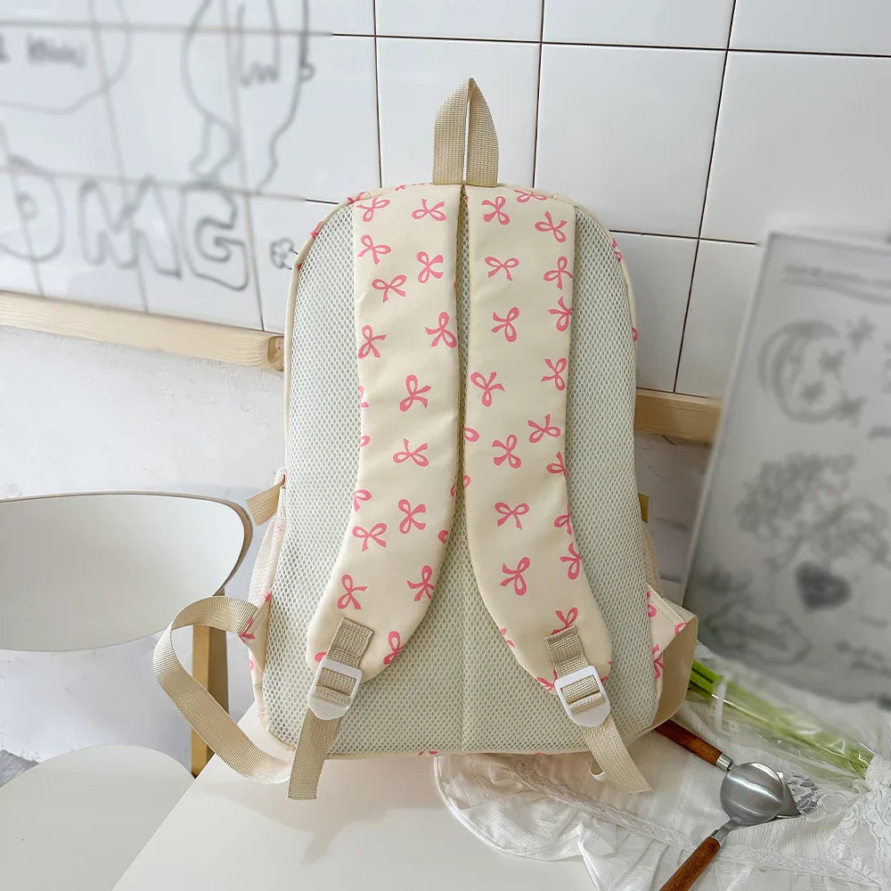 Korean Fashion Bow Print Women's Fashion Backpack Lightweight Simple Student Schoolbag Female Bag Set Three-Piece