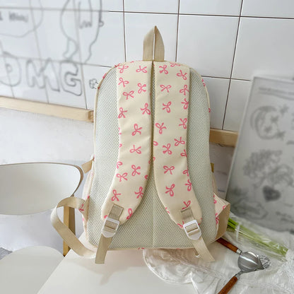 Korean Fashion Bow Print Women's Fashion Backpack Lightweight Simple Student Schoolbag Female Bag Set Three-Piece