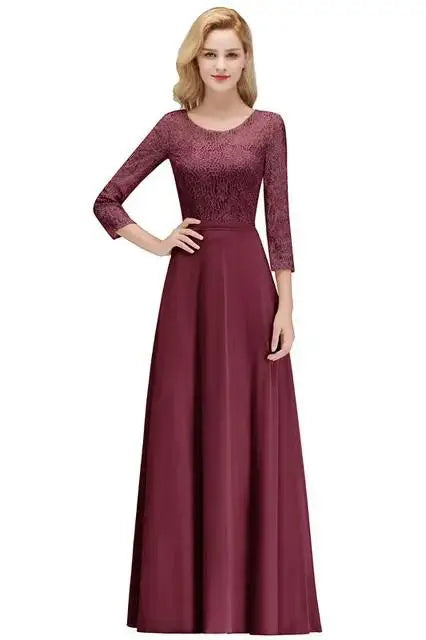 Women 3/4 Long Sleeve Evening Dresses Sexy Illusion Floral Lace O-Neck Sashes Prom Gown Chiffon A-Line Maxi Formal Party Vestido