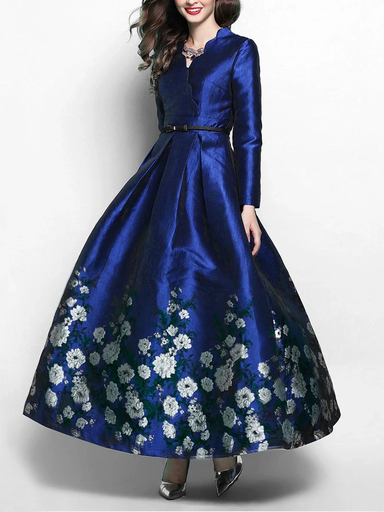 Novo Modelo Vestido longo jacquard luxuoso e elegante para festa à noite vestido de manga comprida sem cinto vestido formal